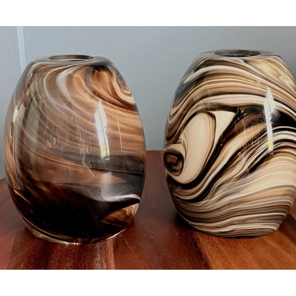 Pair Swirl Glass Pendant Lamp Shades Brown White Marbleized Bell Globes 6.5